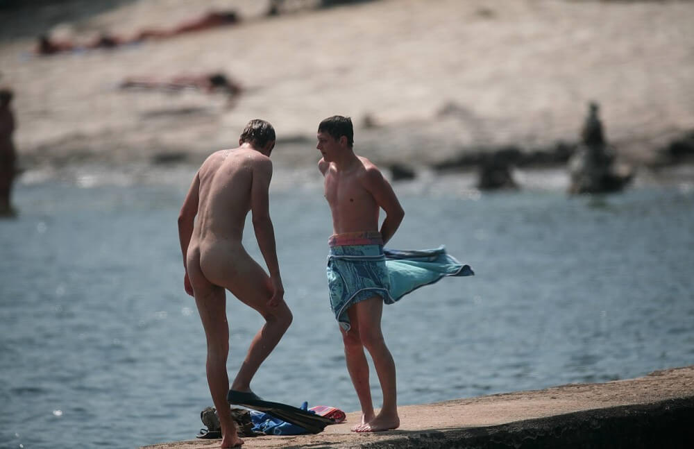 Nudists Boys - Water Prep On The Ledge - Taking Off Ones Clothes