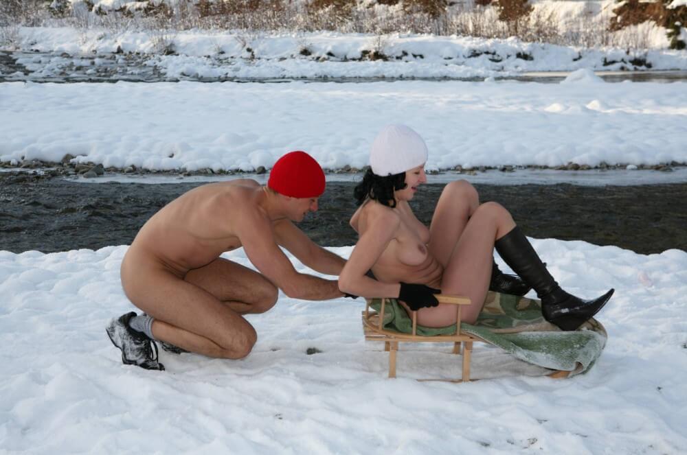 Naturist Girl Snow Day Couples Sled pics - Benefits of naturist recreation and harmony with nature